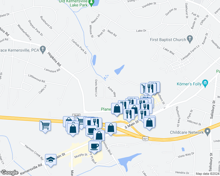 map of restaurants, bars, coffee shops, grocery stores, and more near 425 Shore Road in Kernersville
