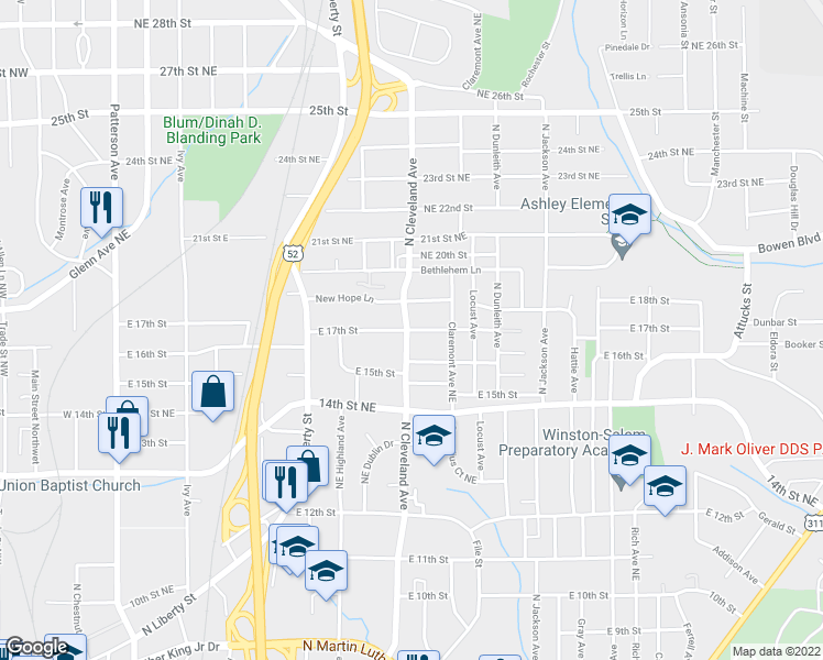 map of restaurants, bars, coffee shops, grocery stores, and more near East 17th Street in Winston-Salem