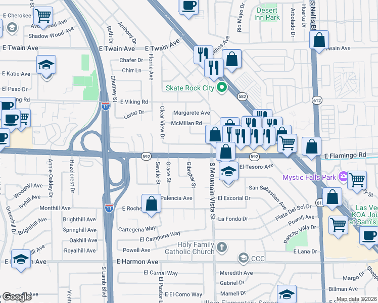 map of restaurants, bars, coffee shops, grocery stores, and more near 4516 East Flamingo Road in Las Vegas
