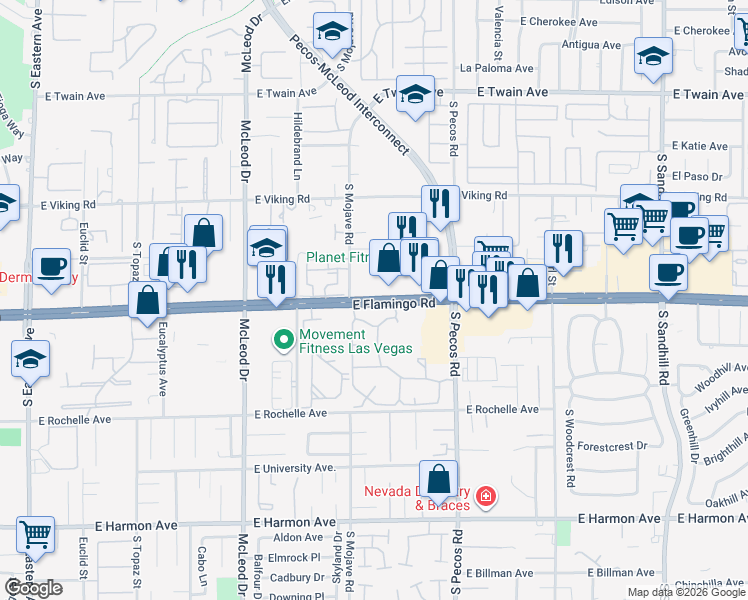 map of restaurants, bars, coffee shops, grocery stores, and more near 3280 East Flamingo Road in Las Vegas