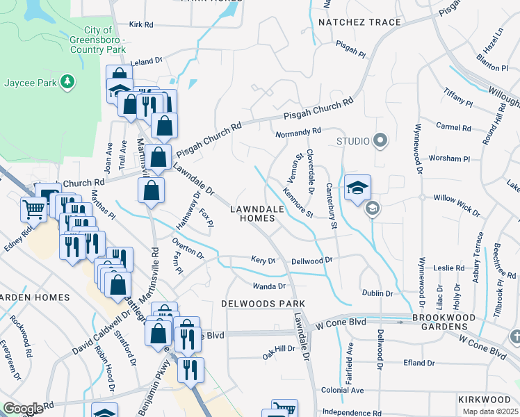 map of restaurants, bars, coffee shops, grocery stores, and more near 3409 Wilshire Drive in Greensboro