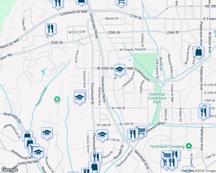 map of restaurants, bars, coffee shops, grocery stores, and more near 1677 Lincoln Avenue Northwest in Winston-Salem