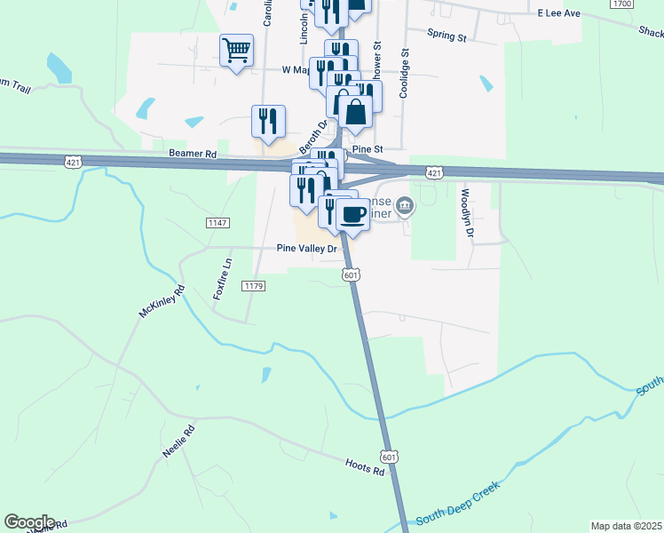 map of restaurants, bars, coffee shops, grocery stores, and more near 121 Pine Valley Drive in Yadkinville