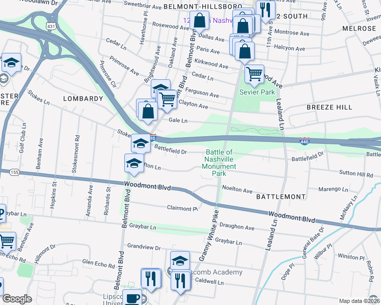 map of restaurants, bars, coffee shops, grocery stores, and more near 1240 Battlefield Drive in Nashville