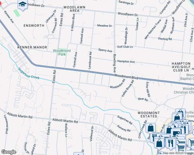 map of restaurants, bars, coffee shops, grocery stores, and more near 3611 Woodmont Boulevard in Nashville
