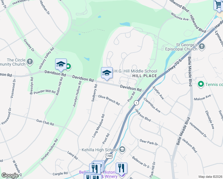 map of restaurants, bars, coffee shops, grocery stores, and more near 155 Davidson Road in Nashville