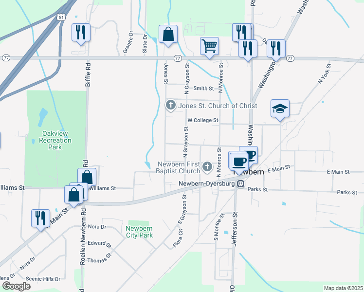 map of restaurants, bars, coffee shops, grocery stores, and more near 300 West Johnson Street in Newbern