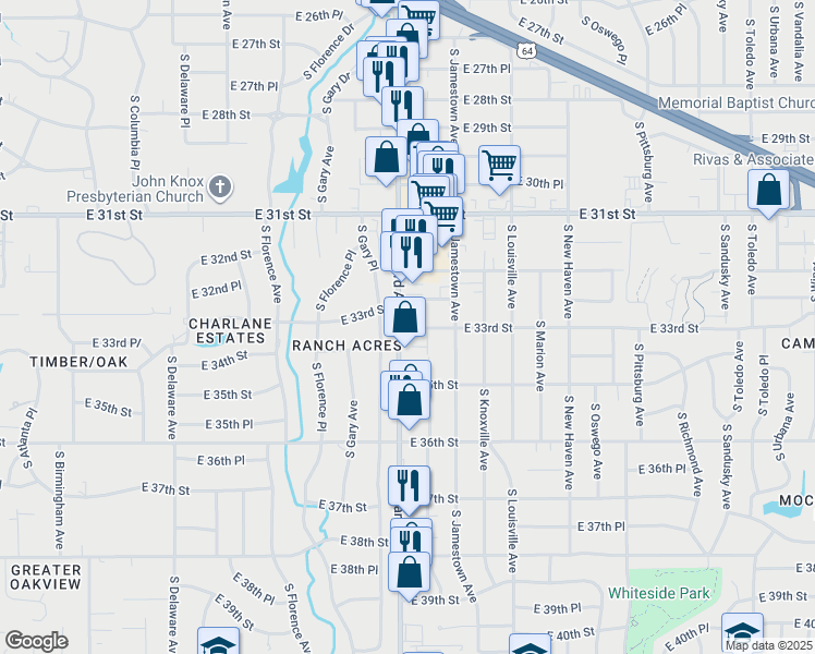 map of restaurants, bars, coffee shops, grocery stores, and more near 3241 South Harvard Avenue in Tulsa