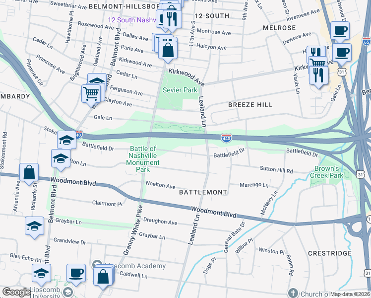 map of restaurants, bars, coffee shops, grocery stores, and more near 1014 Battlefield Drive in Nashville