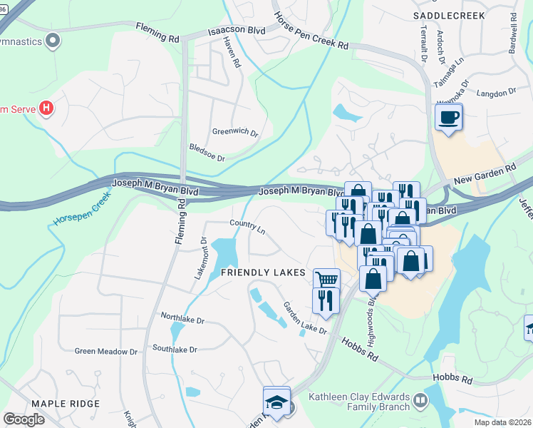 map of restaurants, bars, coffee shops, grocery stores, and more near 1809 New Bedford Drive in Greensboro