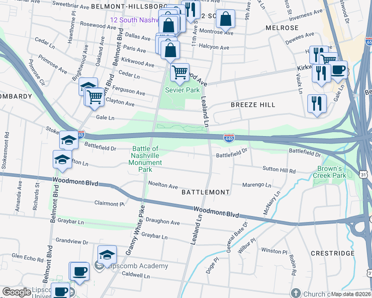 map of restaurants, bars, coffee shops, grocery stores, and more near 1014 Battlefield Drive in Nashville