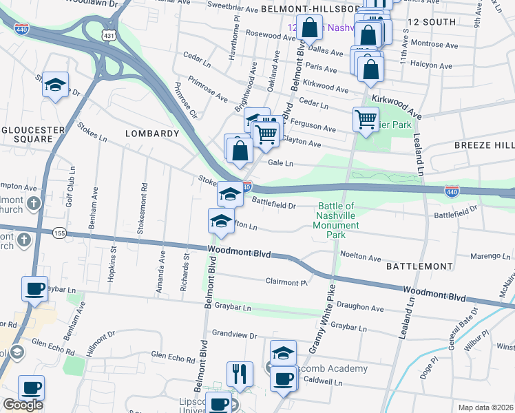 map of restaurants, bars, coffee shops, grocery stores, and more near 1543B Battlefield Drive in Nashville