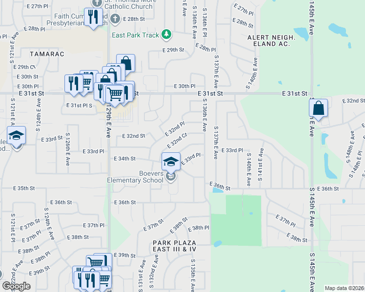 map of restaurants, bars, coffee shops, grocery stores, and more near 13355 East 33rd Street in Tulsa