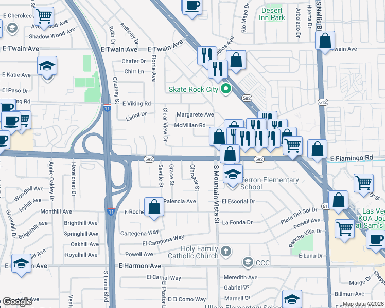 map of restaurants, bars, coffee shops, grocery stores, and more near 4516 East Flamingo Road in Las Vegas