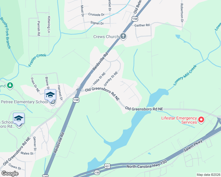 map of restaurants, bars, coffee shops, grocery stores, and more near 4211 Old Greensboro Road in Winston-Salem