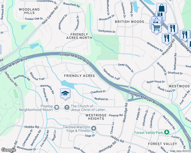 map of restaurants, bars, coffee shops, grocery stores, and more near 3617 Friendly Acres Drive in Greensboro