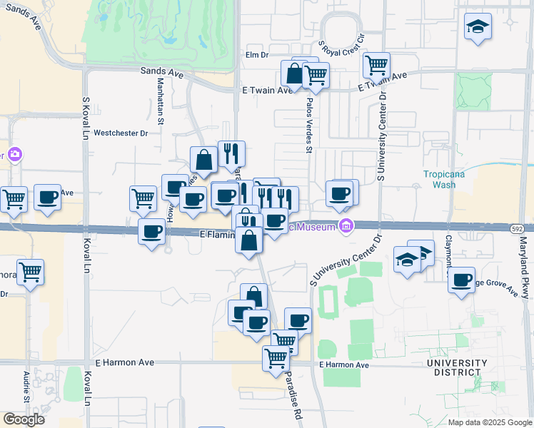 map of restaurants, bars, coffee shops, grocery stores, and more near 4034 Paradise Road in Las Vegas