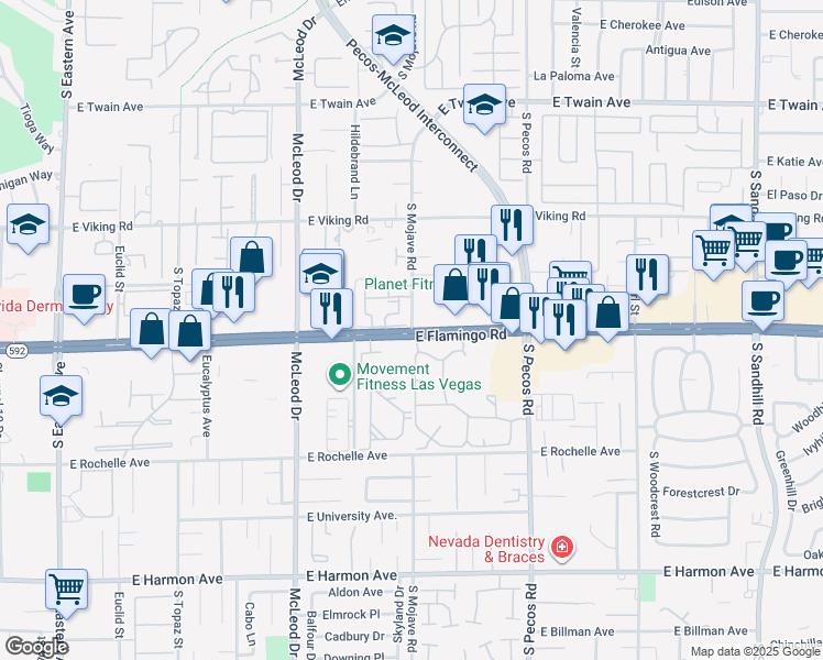 map of restaurants, bars, coffee shops, grocery stores, and more near 4099 South Mojave Road in Las Vegas