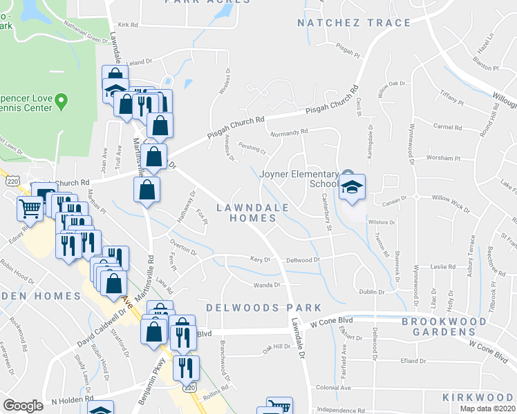 map of restaurants, bars, coffee shops, grocery stores, and more near 3409 Wilshire Drive in Greensboro