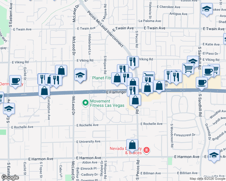 map of restaurants, bars, coffee shops, grocery stores, and more near 3250 East Flamingo Road in Las Vegas