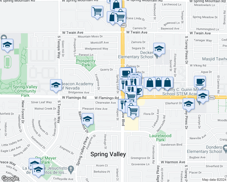 map of restaurants, bars, coffee shops, grocery stores, and more near 6970 Starwood Drive in Las Vegas