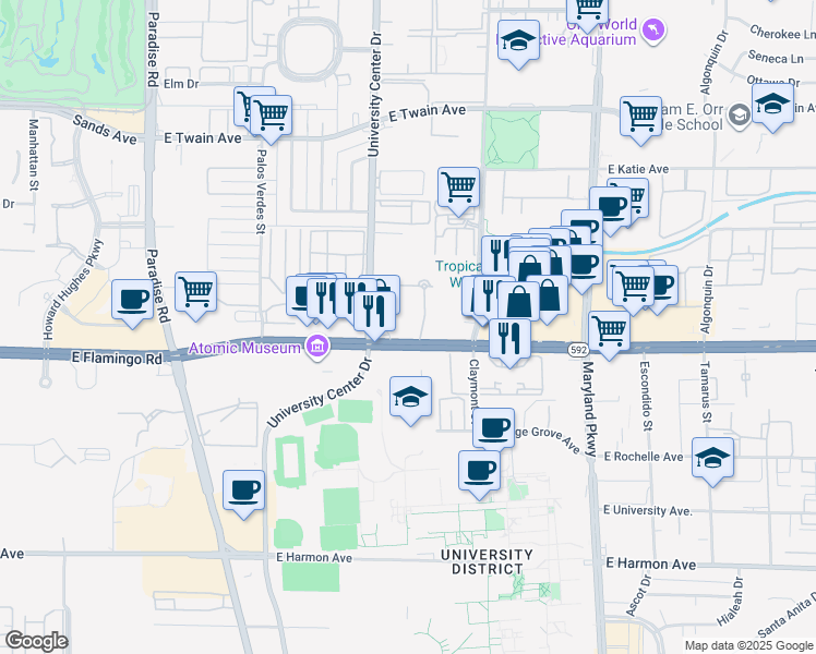 map of restaurants, bars, coffee shops, grocery stores, and more near 838 East Flamingo Road in Las Vegas