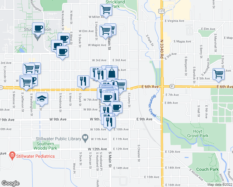 map of restaurants, bars, coffee shops, grocery stores, and more near 123 East 6th Avenue in Stillwater