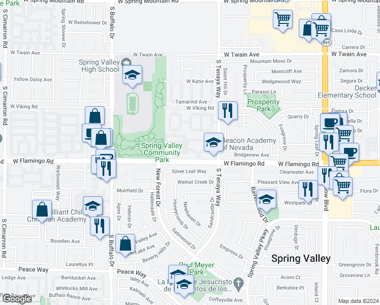map of restaurants, bars, coffee shops, grocery stores, and more near 7400 West Flamingo Road in Las Vegas