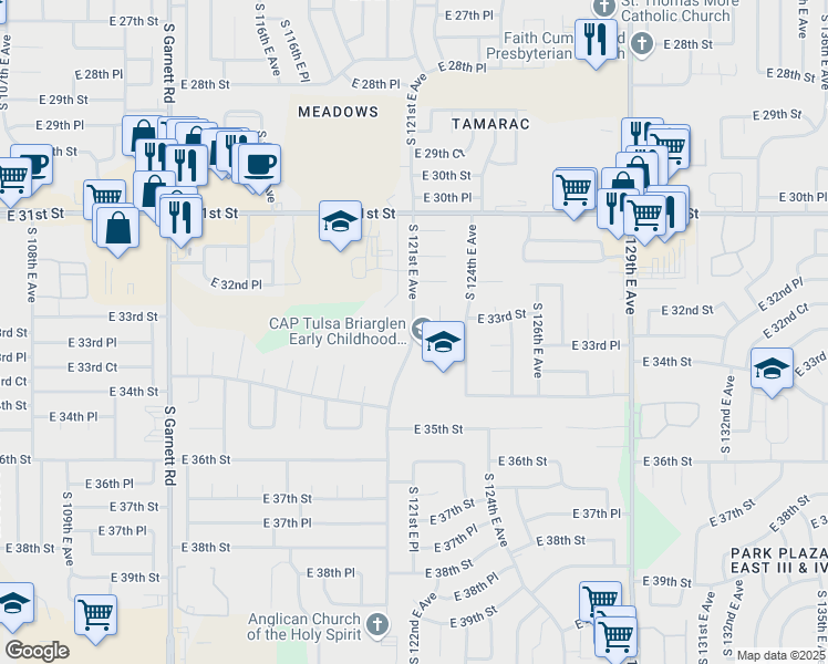 map of restaurants, bars, coffee shops, grocery stores, and more near 3303 South 121st East Avenue in Tulsa