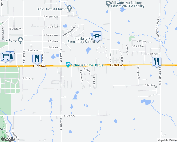 map of restaurants, bars, coffee shops, grocery stores, and more near 2410 East 7th Avenue in Stillwater