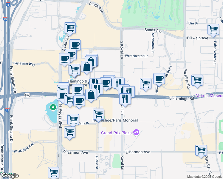map of restaurants, bars, coffee shops, grocery stores, and more near 160 East Flamingo Road in Las Vegas