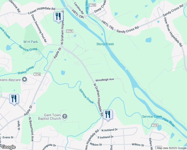 map of restaurants, bars, coffee shops, grocery stores, and more near 1255 North Graham Hopedale Road in Burlington