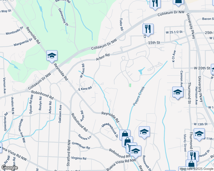 map of restaurants, bars, coffee shops, grocery stores, and more near 1069 Kent Court in Winston-Salem