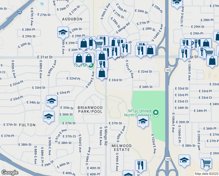 map of restaurants, bars, coffee shops, grocery stores, and more near 9716 East 33rd Street in Tulsa