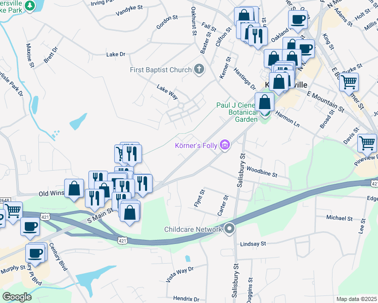 map of restaurants, bars, coffee shops, grocery stores, and more near 548 South Cherry Street in Kernersville