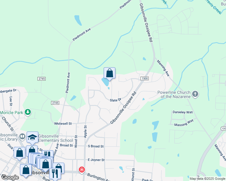 map of restaurants, bars, coffee shops, grocery stores, and more near 114 Claystone Drive in Gibsonville