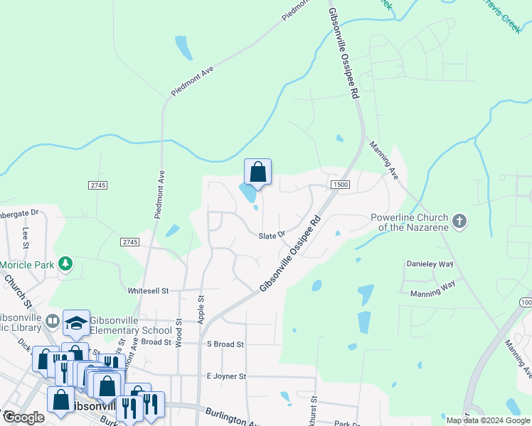 map of restaurants, bars, coffee shops, grocery stores, and more near 114 Claystone Drive in Gibsonville