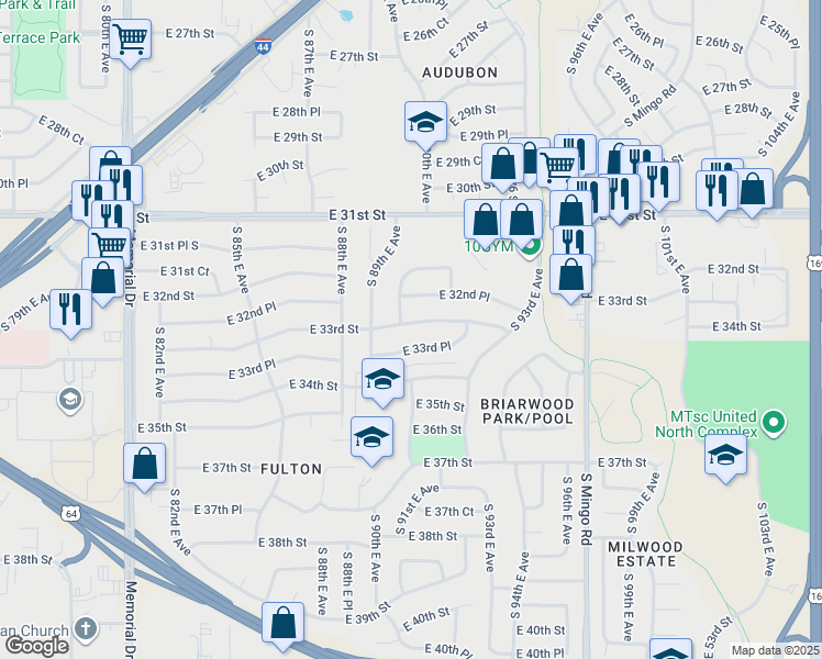 map of restaurants, bars, coffee shops, grocery stores, and more near 9008 East 33rd Street in Tulsa