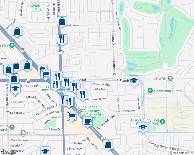 map of restaurants, bars, coffee shops, grocery stores, and more near 5 South General Garfield Drive in Las Vegas