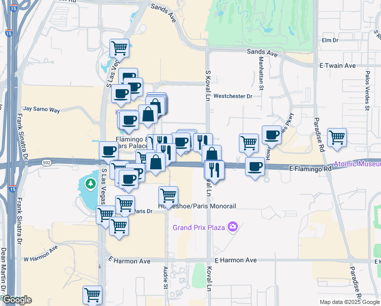 map of restaurants, bars, coffee shops, grocery stores, and more near 160 East Flamingo Road in Las Vegas