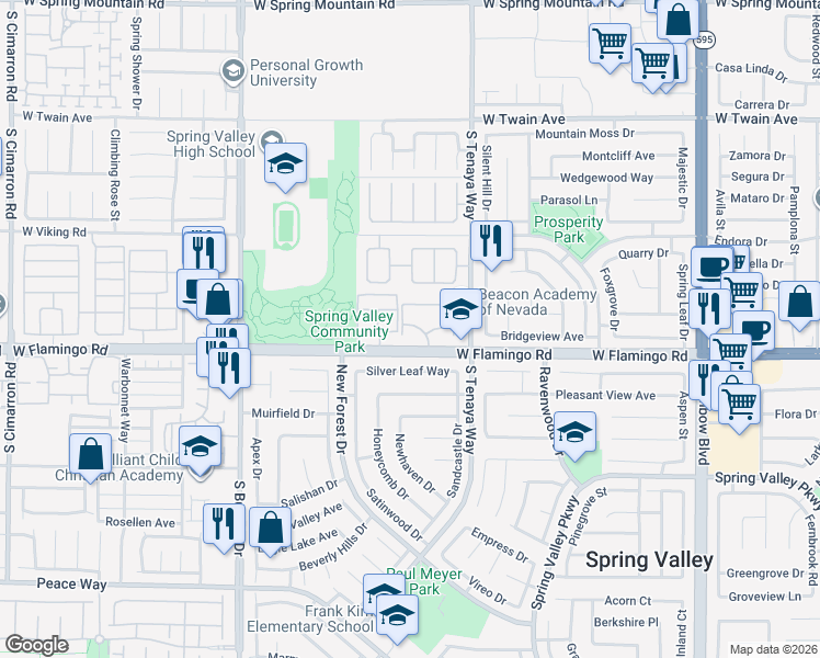 map of restaurants, bars, coffee shops, grocery stores, and more near 7400 West Flamingo Road in Las Vegas
