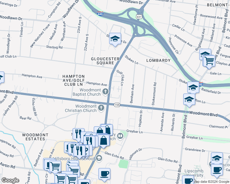 map of restaurants, bars, coffee shops, grocery stores, and more near 3447 Golf Club Lane in Nashville