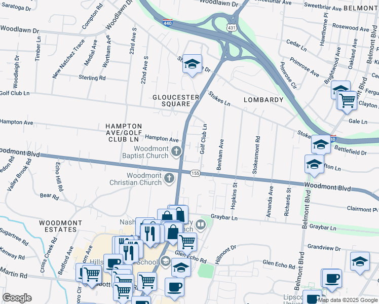 map of restaurants, bars, coffee shops, grocery stores, and more near 3447 Golf Club Lane in Nashville