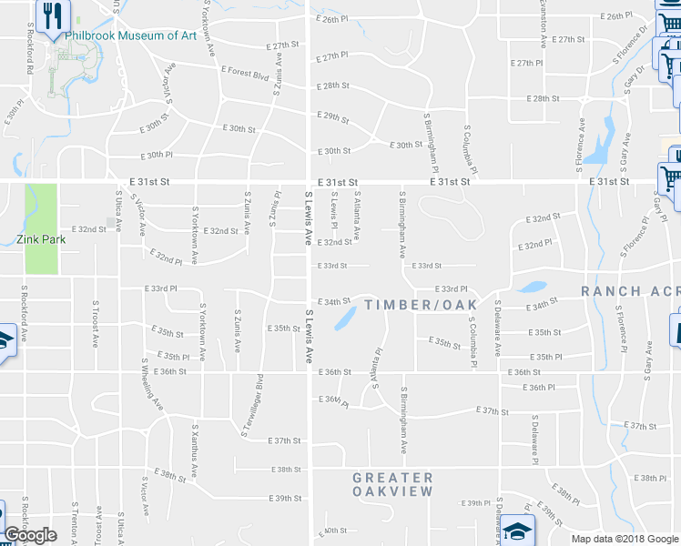 map of restaurants, bars, coffee shops, grocery stores, and more near 2436 East 33rd Street in Tulsa