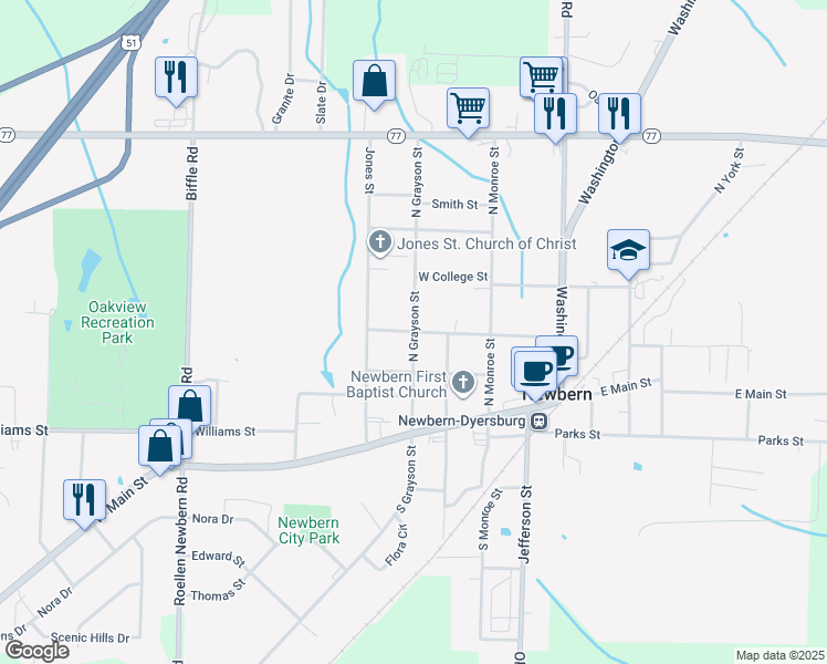 map of restaurants, bars, coffee shops, grocery stores, and more near 300 West Johnson Street in Newbern