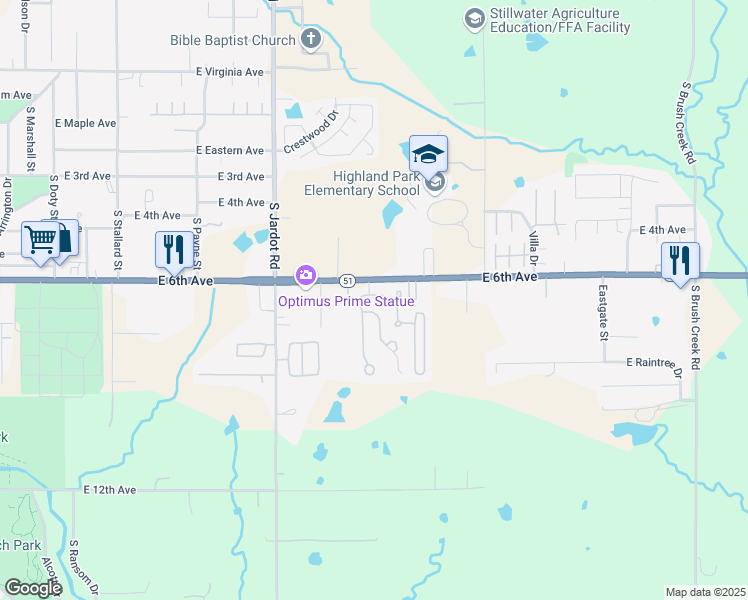 map of restaurants, bars, coffee shops, grocery stores, and more near 2521 East 7th Avenue in Stillwater