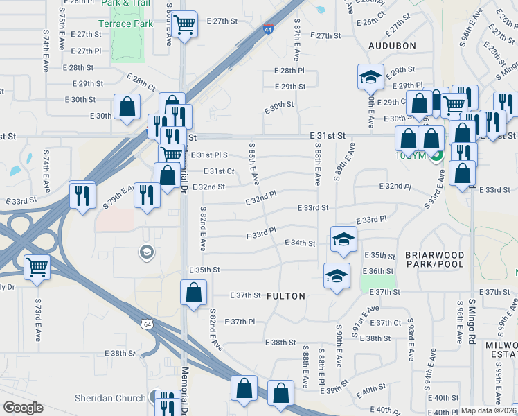 map of restaurants, bars, coffee shops, grocery stores, and more near 3236 South 85th East Avenue in Tulsa
