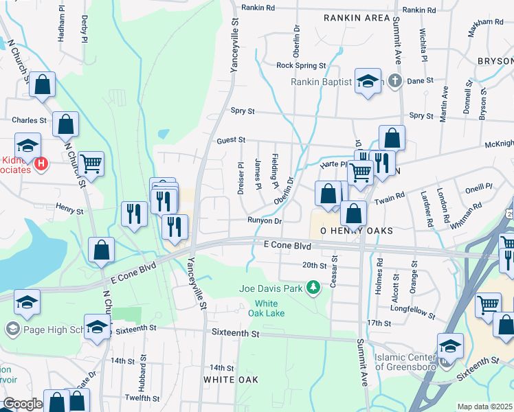map of restaurants, bars, coffee shops, grocery stores, and more near 3205 Oberlin Drive in Greensboro