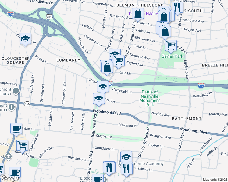 map of restaurants, bars, coffee shops, grocery stores, and more near 1543B Battlefield Drive in Nashville