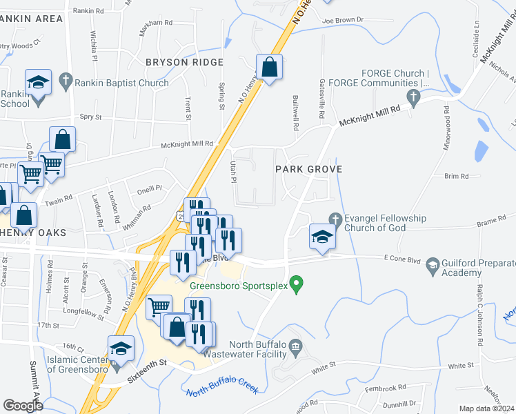 map of restaurants, bars, coffee shops, grocery stores, and more near 3100 Utah Place in Greensboro